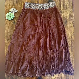 Temptations | Chocolate Brown Midi/Maxi Skirt w/Embroidered & Sequined Waistband